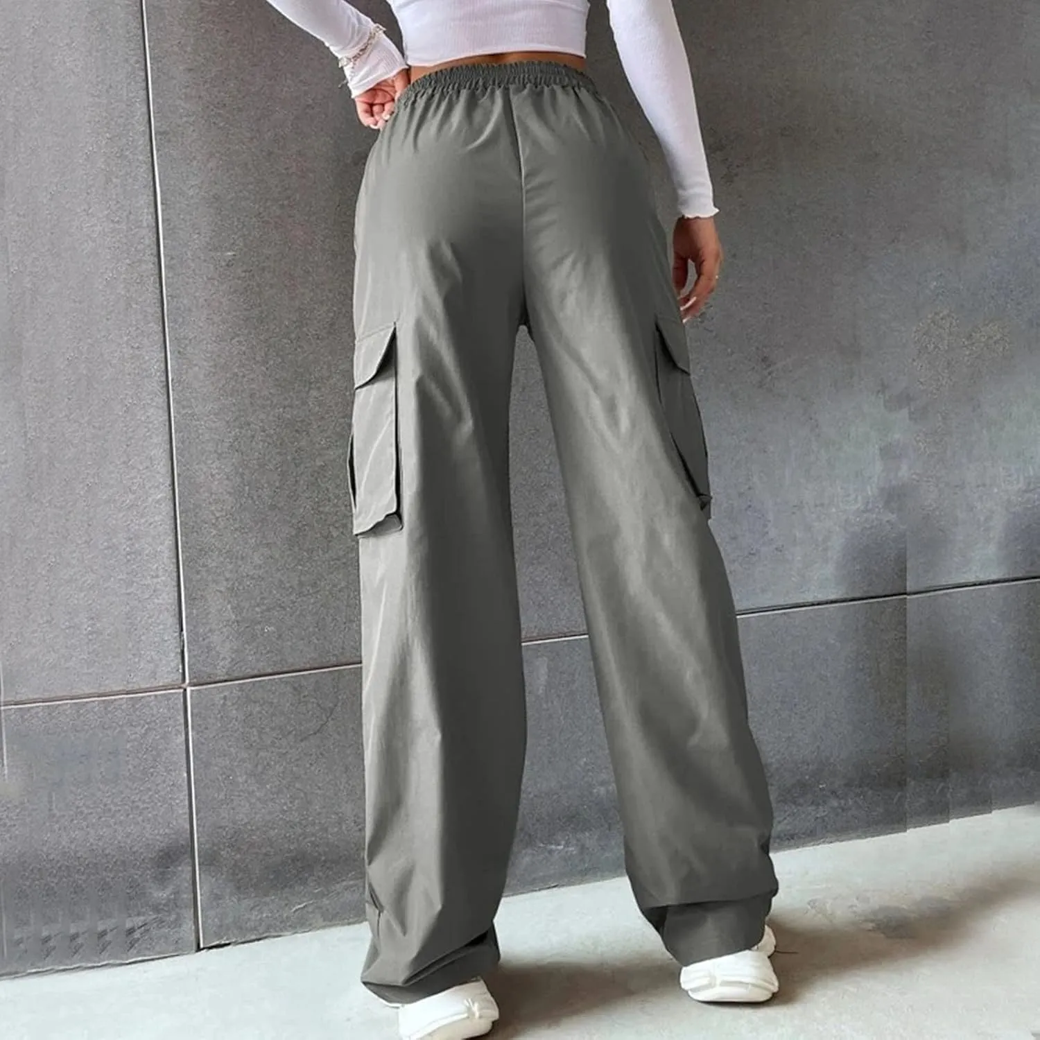 eoeioa Womens High Waist Trendy Y2K Cargo Pants Baggy Summer Straight Pockets Trousers Solid Wide Leg Overalls Long Pants