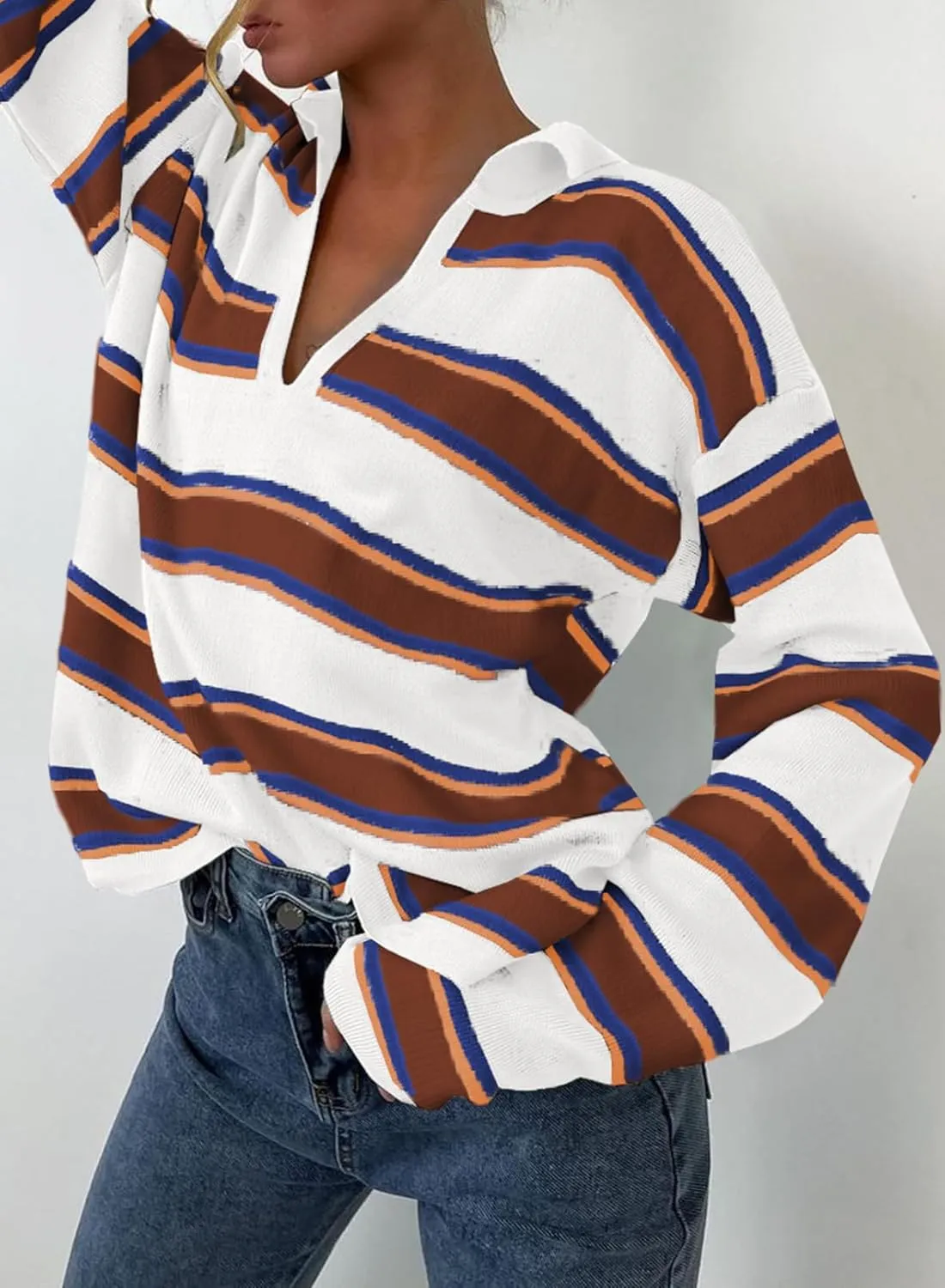 EVALESS Sweaters for Women Long Sleeve V Neck Striped Knit Drop Shoulder Fall Jumper 2025 Henley Pullover