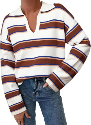 EVALESS Sweaters for Women Long Sleeve V Neck Striped Knit Drop Shoulder Fall Jumper 2025 Henley Pullover