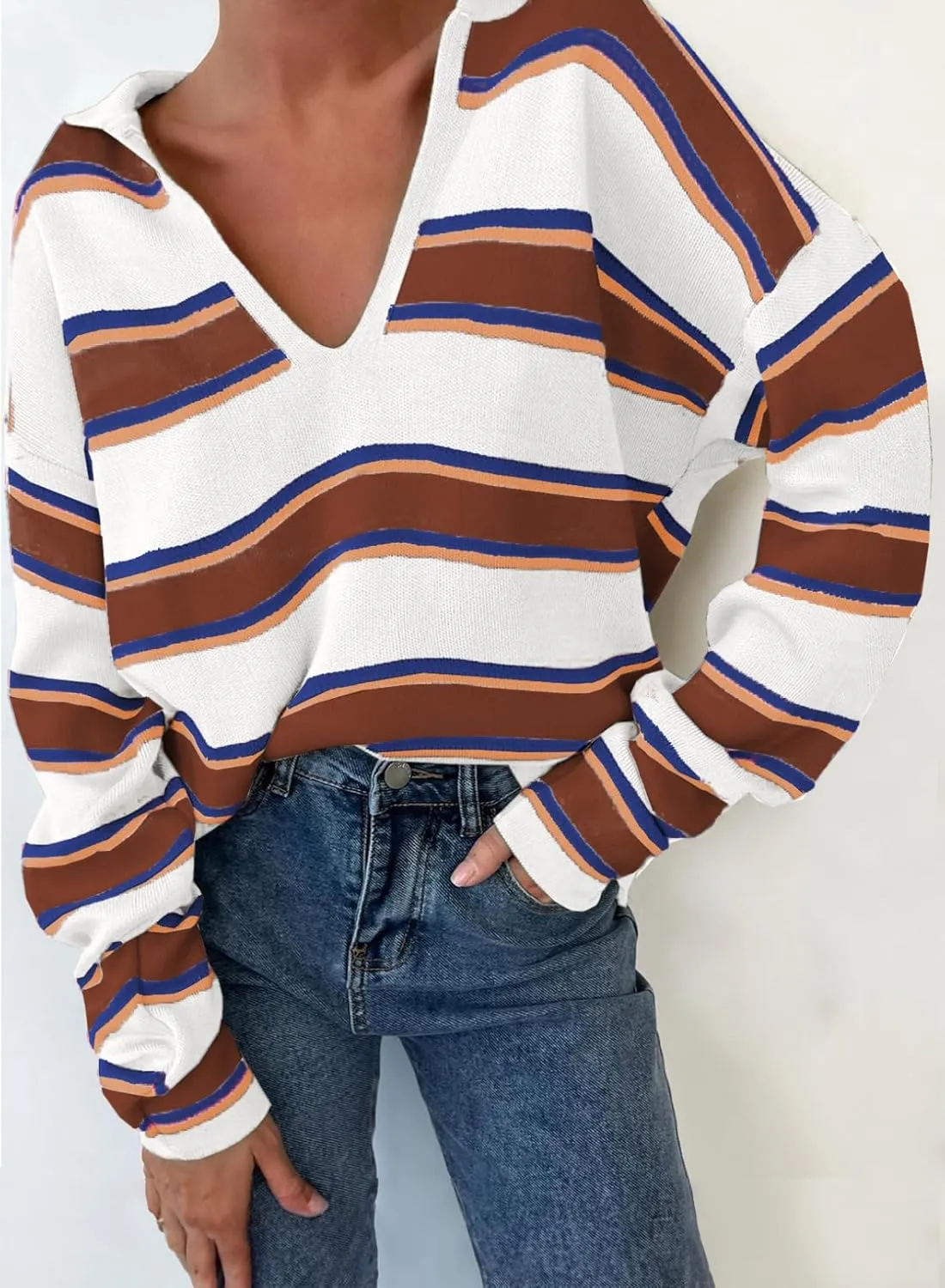 EVALESS Sweaters for Women Long Sleeve V Neck Striped Knit Drop Shoulder Fall Jumper 2025 Henley Pullover