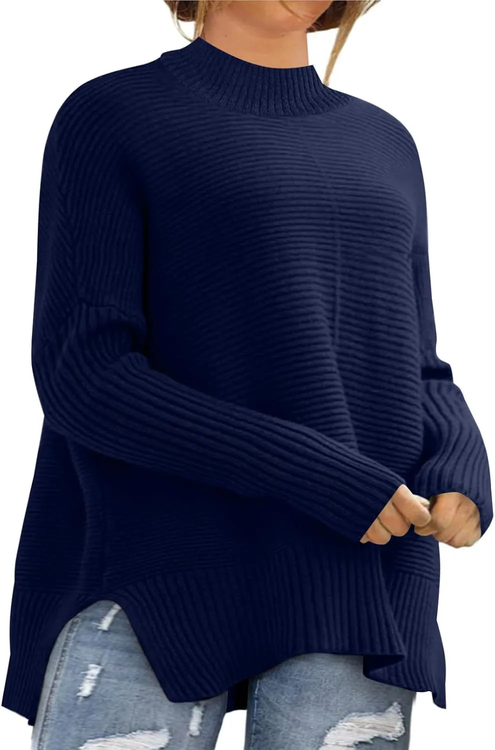 Eytino Womens Plus Size Sweaters Long Sleeve Crew Neck Split Hem Casual Oversized Ribbed Knit Tunic Pullover Tops(1X-5X)