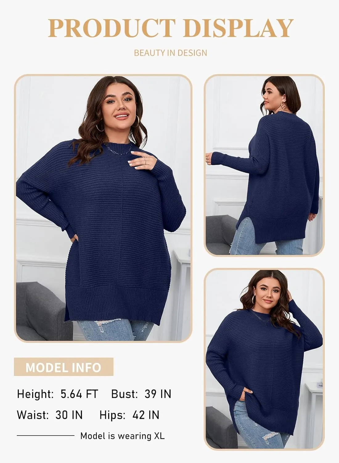 Eytino Womens Plus Size Sweaters Long Sleeve Crew Neck Split Hem Casual Oversized Ribbed Knit Tunic Pullover Tops(1X-5X)