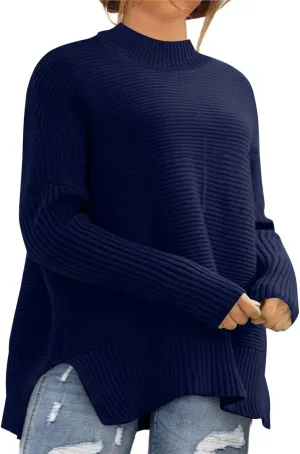 Eytino Womens Plus Size Sweaters Long Sleeve Crew Neck Split Hem Casual Oversized Ribbed Knit Tunic Pullover Tops(1X-5X)