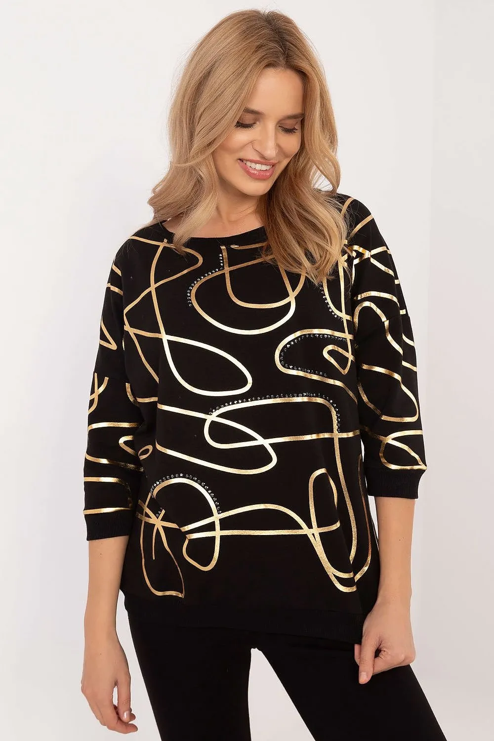 FACTORY PRICE Women's European-made 3/4 Sleeves Blouse with Golden Abstract Art