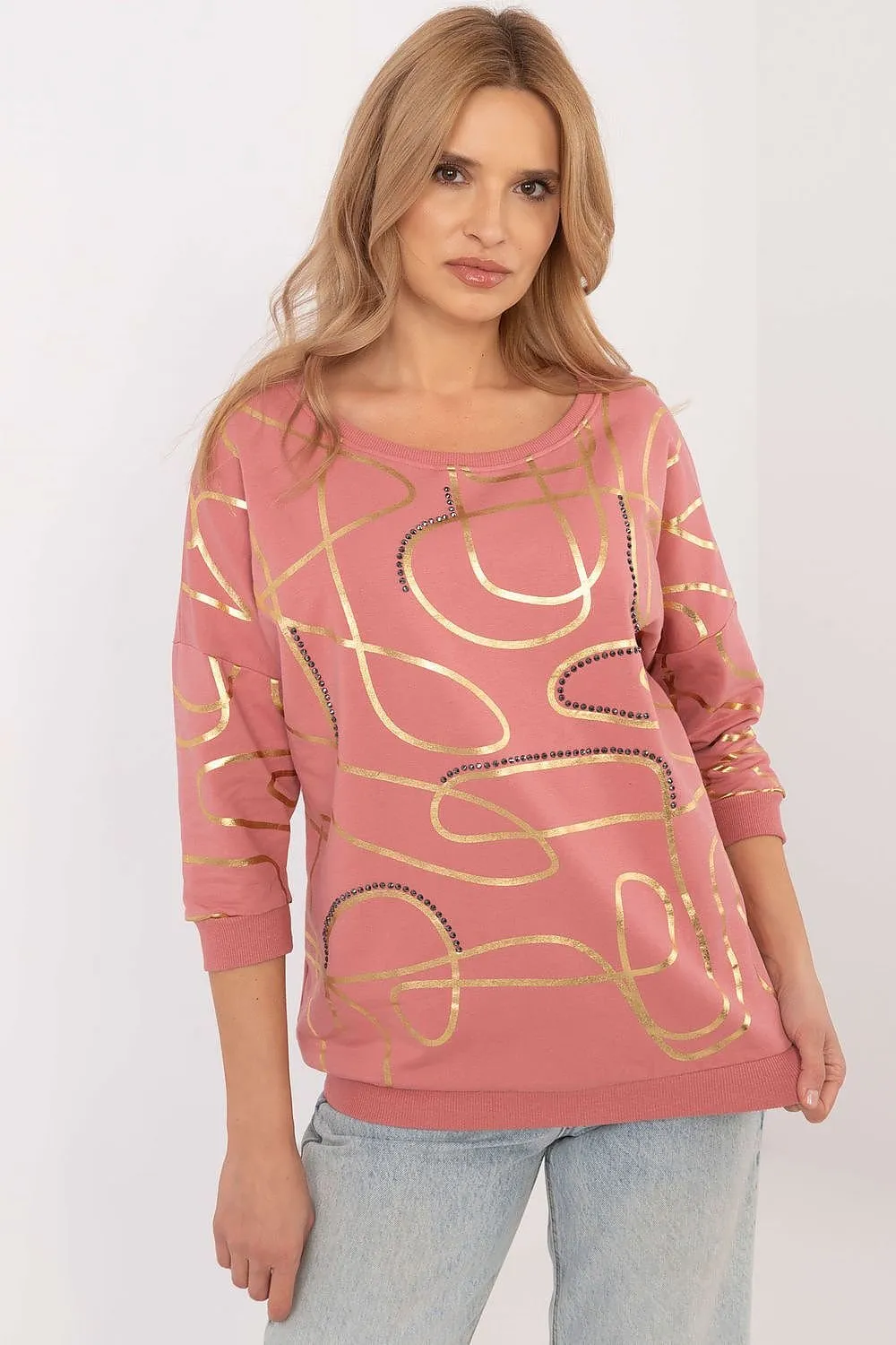FACTORY PRICE Women's European-made 3/4 Sleeves Blouse with Golden Abstract Art