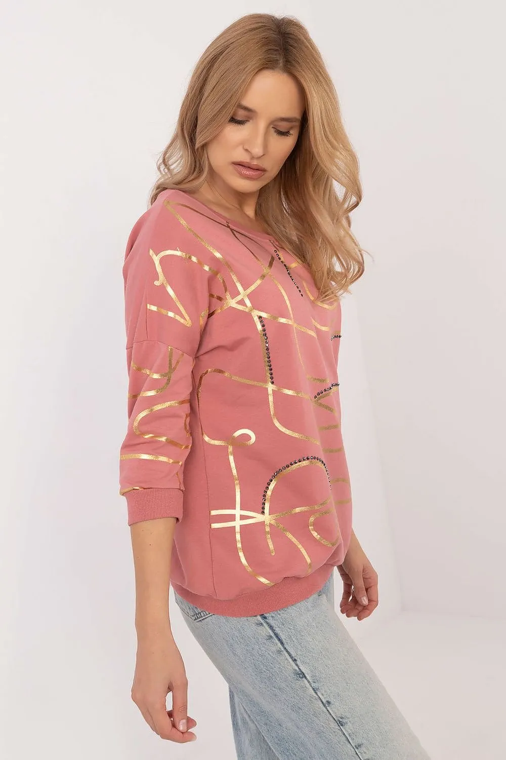 FACTORY PRICE Women's European-made 3/4 Sleeves Blouse with Golden Abstract Art