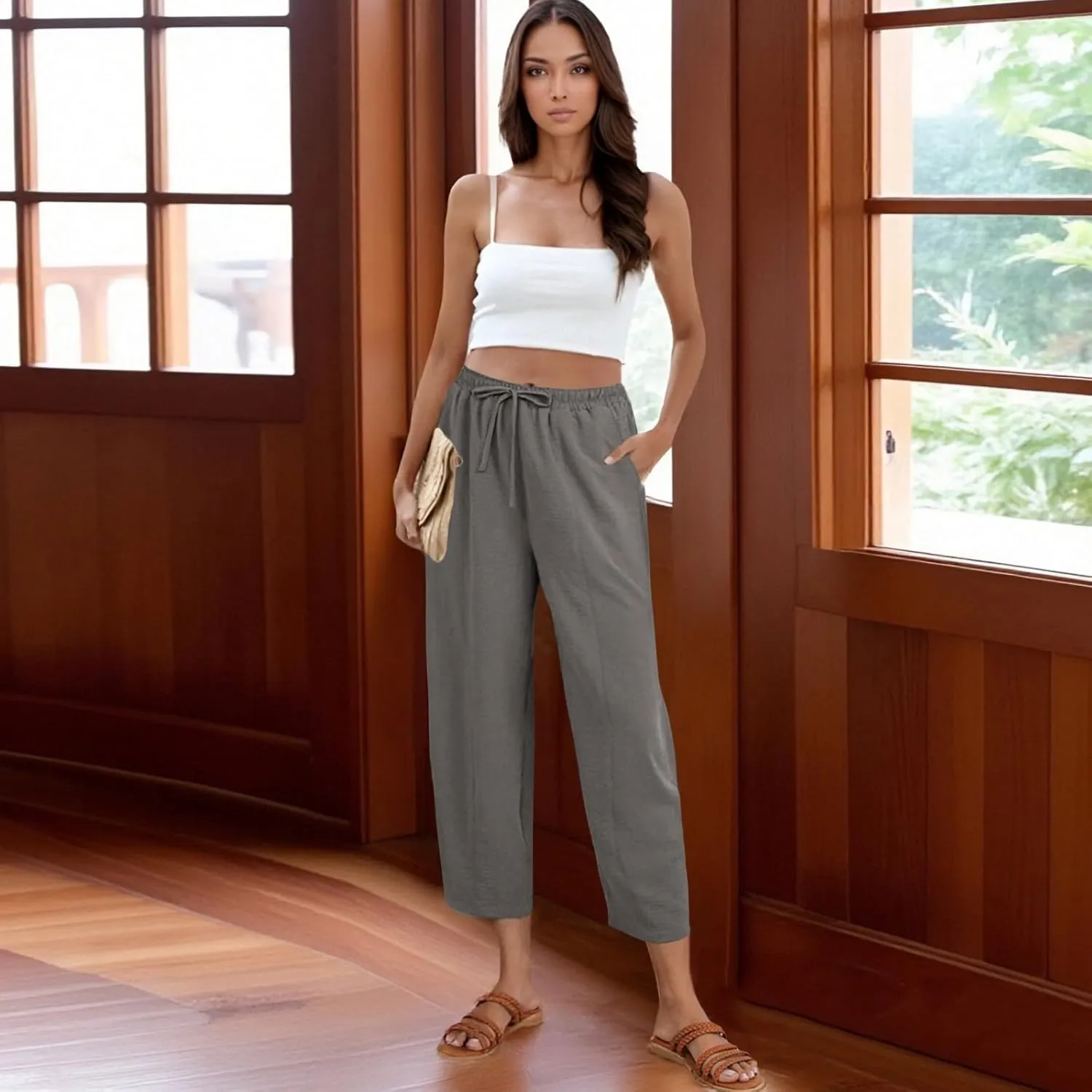 fanmpghleoo Linen Harem Pants Women with Pockets Drawstring Wide Leg Pirate Pants High Waisted Capri Joggers with Pockets