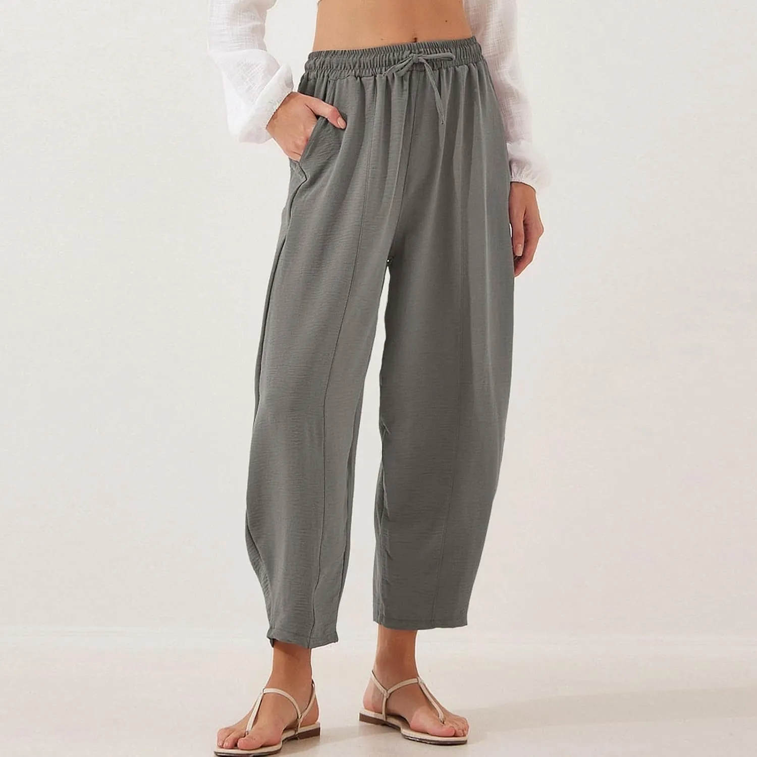 fanmpghleoo Linen Harem Pants Women with Pockets Drawstring Wide Leg Pirate Pants High Waisted Capri Joggers with Pockets