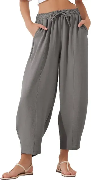 fanmpghleoo Linen Harem Pants Women with Pockets Drawstring Wide Leg Pirate Pants High Waisted Capri Joggers with Pockets