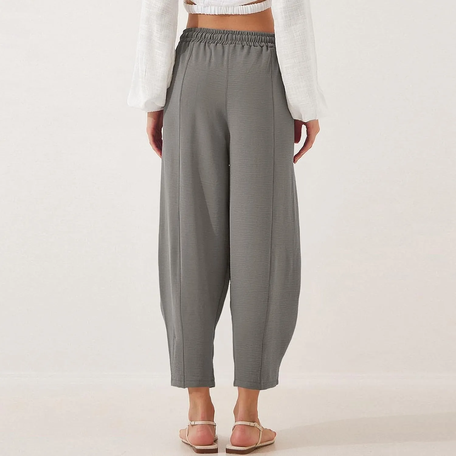 fanmpghleoo Linen Harem Pants Women with Pockets Drawstring Wide Leg Pirate Pants High Waisted Capri Joggers with Pockets