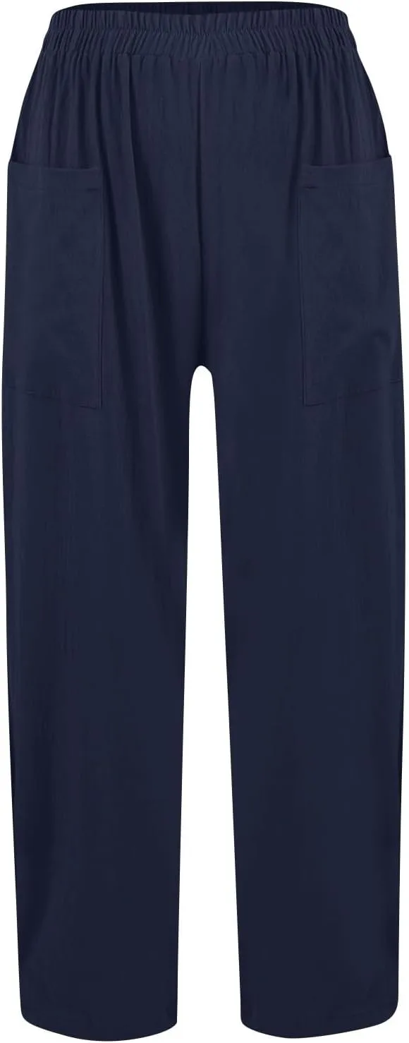 fanmpghleoo Linen Pants Women Casual Elastic Waist Wide Leg Linen Pants for Women Baggy Lightweight Lounge Pants with Pockets
