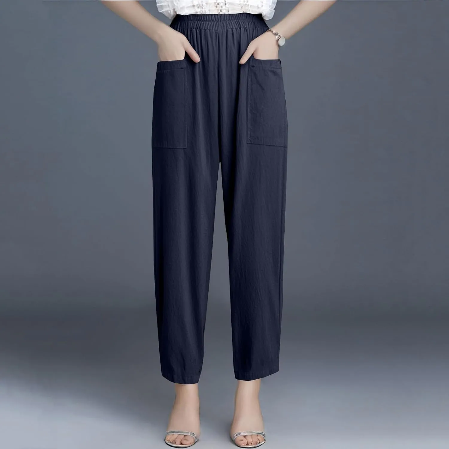 fanmpghleoo Linen Pants Women Casual Elastic Waist Wide Leg Linen Pants for Women Baggy Lightweight Lounge Pants with Pockets