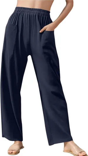 fanmpghleoo Linen Pants Women Casual Elastic Waist Wide Leg Linen Pants for Women Baggy Lightweight Lounge Pants with Pockets