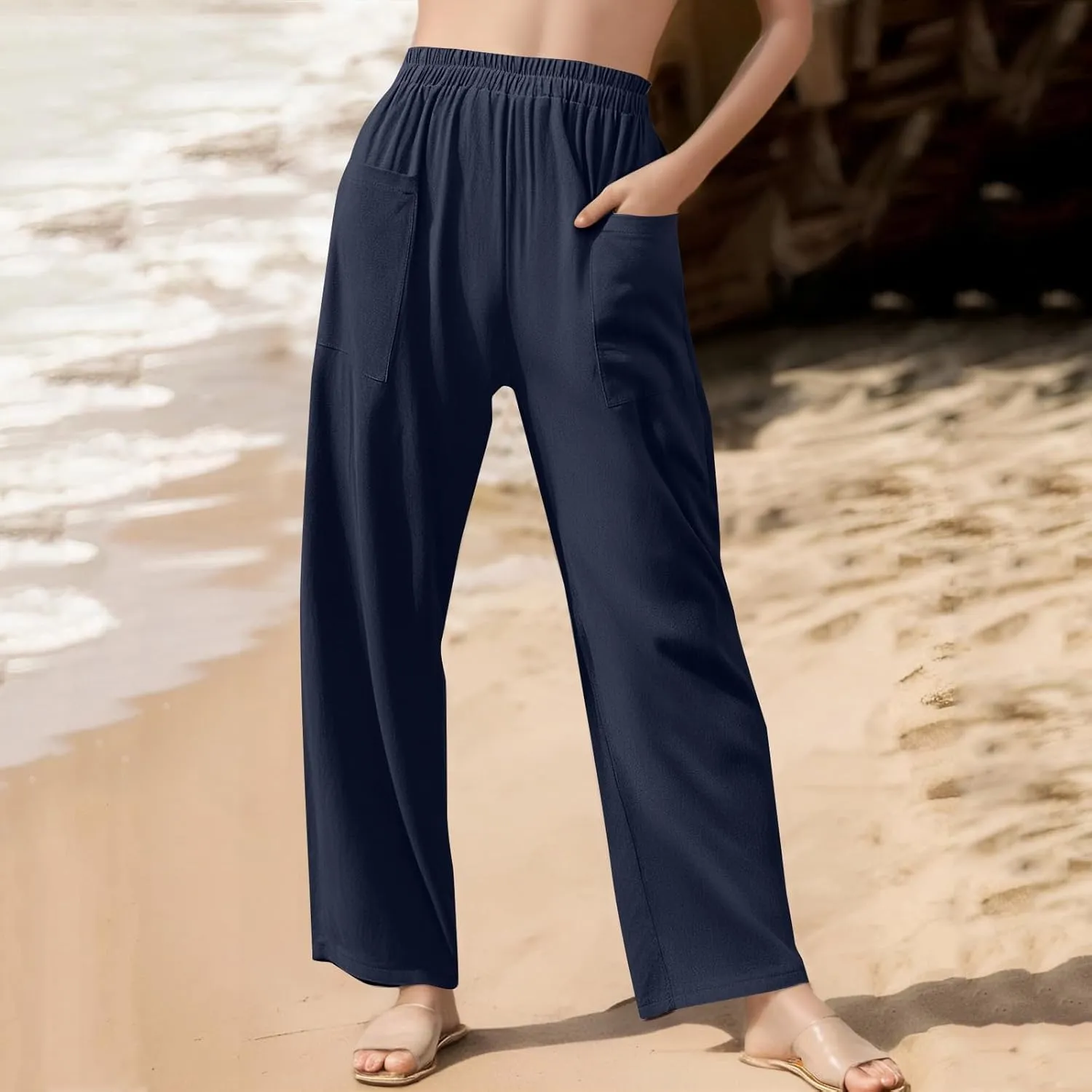 fanmpghleoo Linen Pants Women Casual Elastic Waist Wide Leg Linen Pants for Women Baggy Lightweight Lounge Pants with Pockets