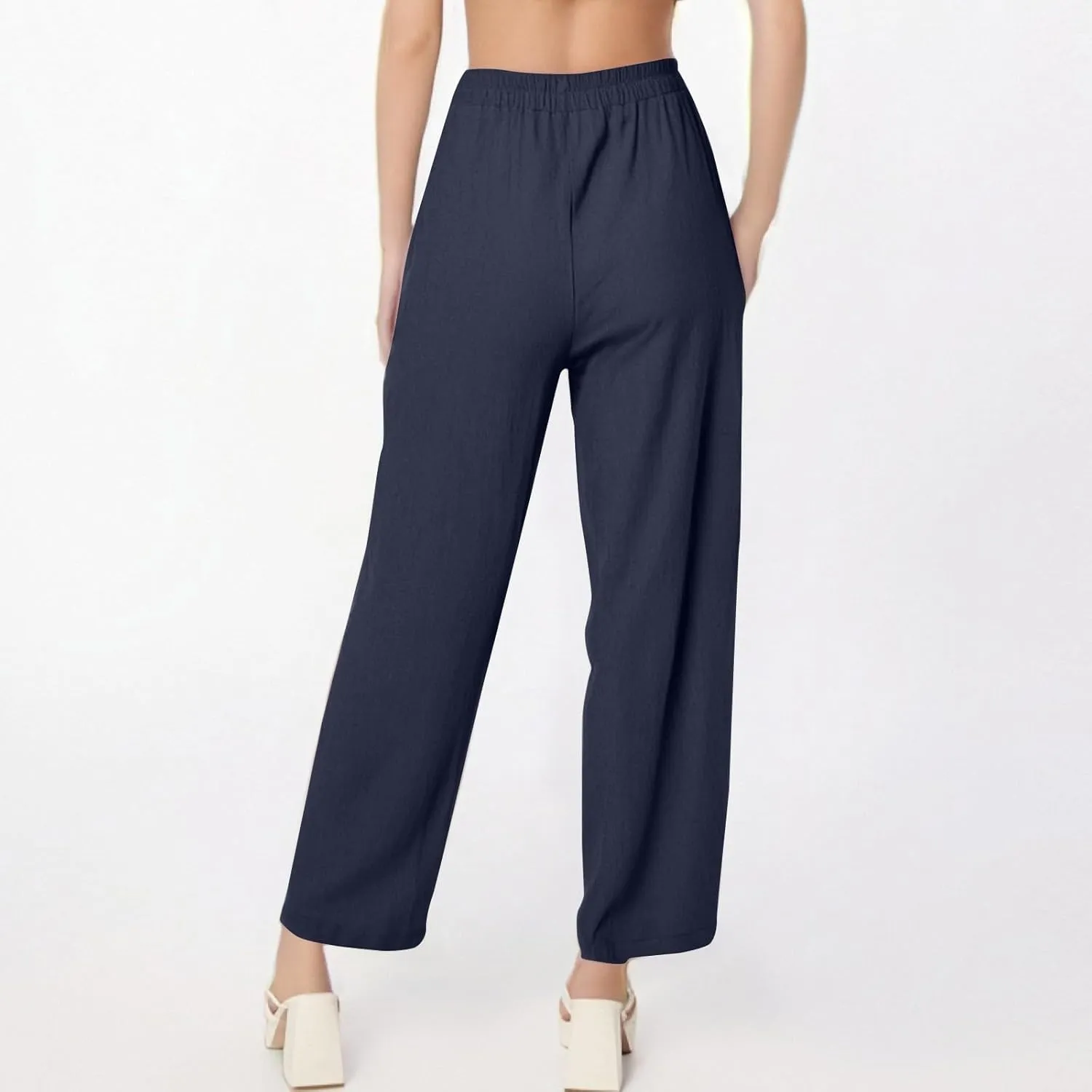 fanmpghleoo Linen Pants Women Casual Elastic Waist Wide Leg Linen Pants for Women Baggy Lightweight Lounge Pants with Pockets