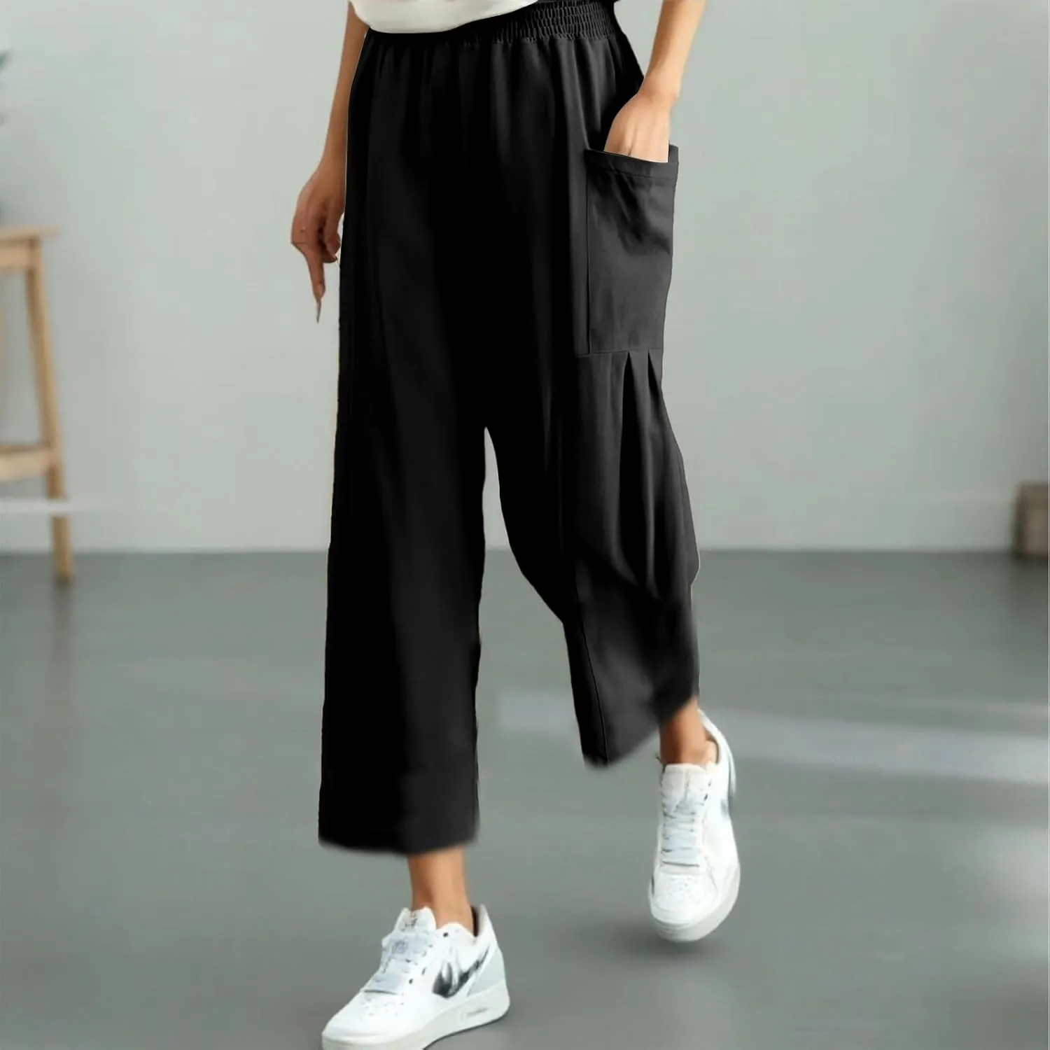 fanmpghleoo Linen Pants Women Summer Smocked Elastic High Waisted Linen Joggers with Pockets Wide Leg Yoga Boho Harem Pants