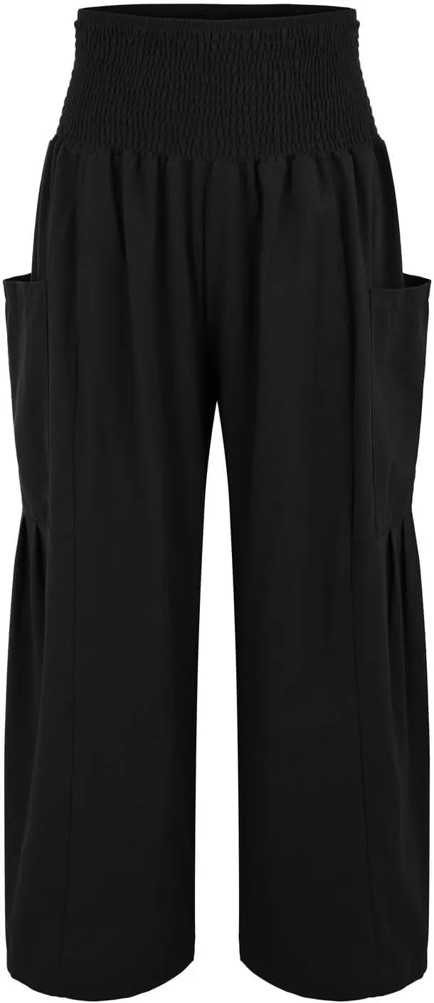 fanmpghleoo Linen Pants Women Summer Smocked Elastic High Waisted Linen Joggers with Pockets Wide Leg Yoga Boho Harem Pants