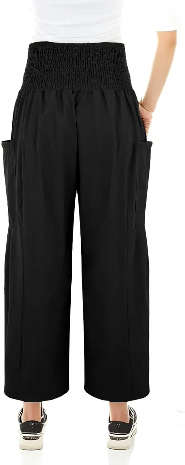 fanmpghleoo Linen Pants Women Summer Smocked Elastic High Waisted Linen Joggers with Pockets Wide Leg Yoga Boho Harem Pants