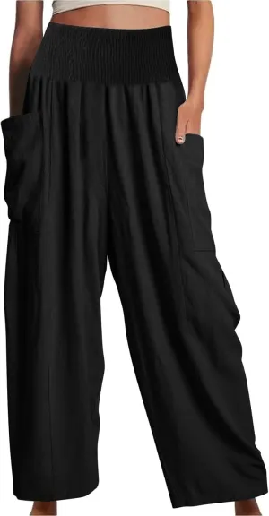 fanmpghleoo Linen Pants Women Summer Smocked Elastic High Waisted Linen Joggers with Pockets Wide Leg Yoga Boho Harem Pants