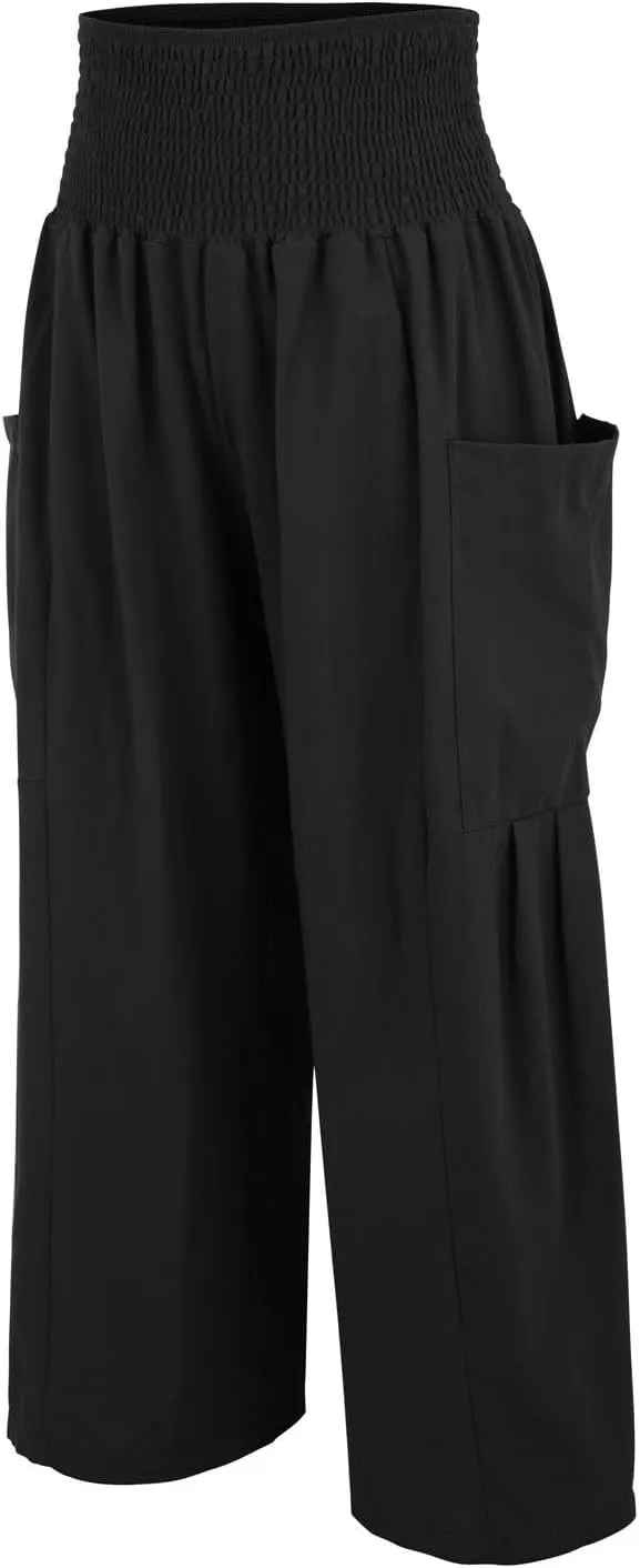 fanmpghleoo Linen Pants Women Summer Smocked Elastic High Waisted Linen Joggers with Pockets Wide Leg Yoga Boho Harem Pants