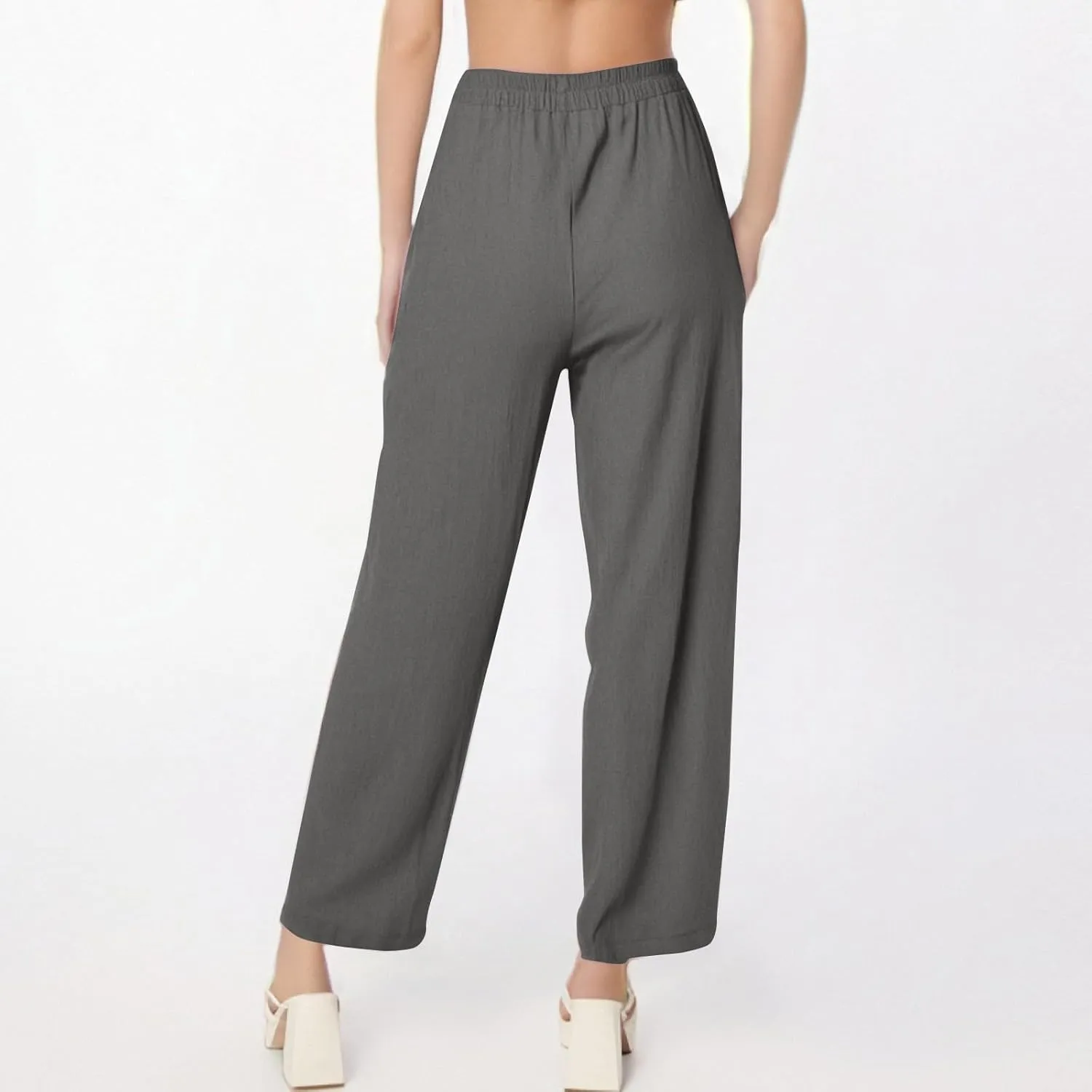 fanmpghleoo Wide Leg Linen Pants for Women Casual Elastic High Waisted Linen Pants Women Summer Linen Trousers with Pockets