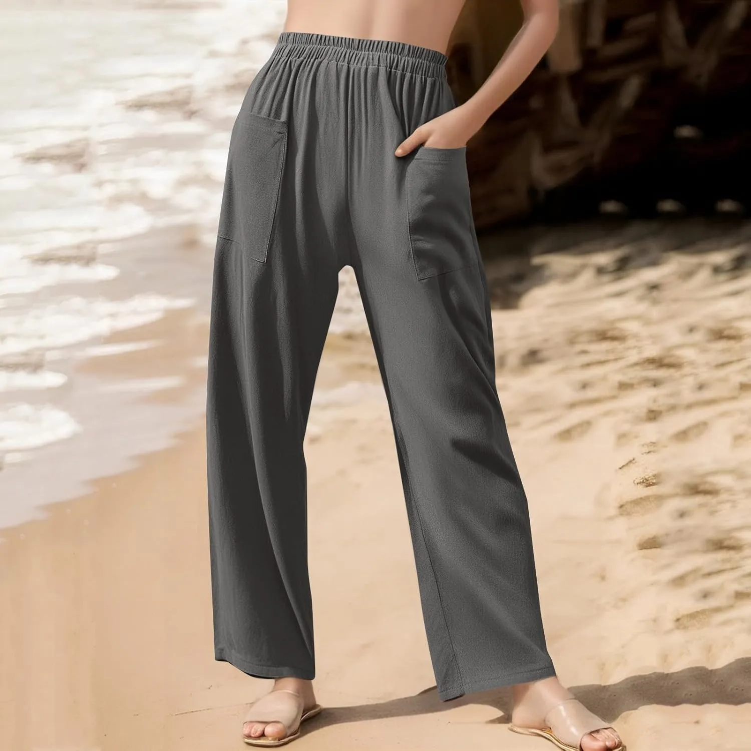 fanmpghleoo Wide Leg Linen Pants for Women Casual Elastic High Waisted Linen Pants Women Summer Linen Trousers with Pockets
