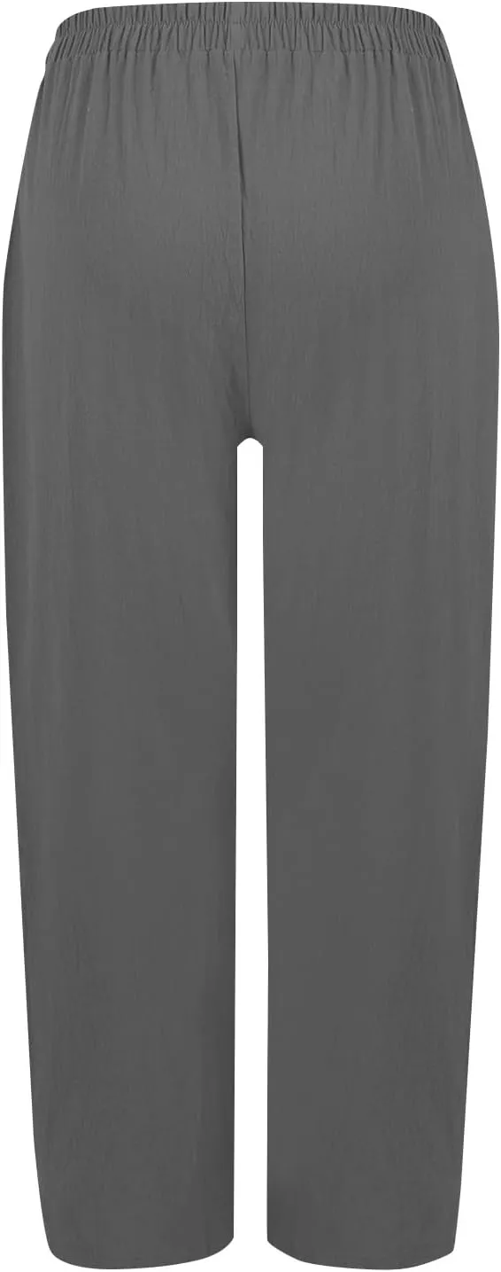 fanmpghleoo Wide Leg Linen Pants for Women Casual Elastic High Waisted Linen Pants Women Summer Linen Trousers with Pockets