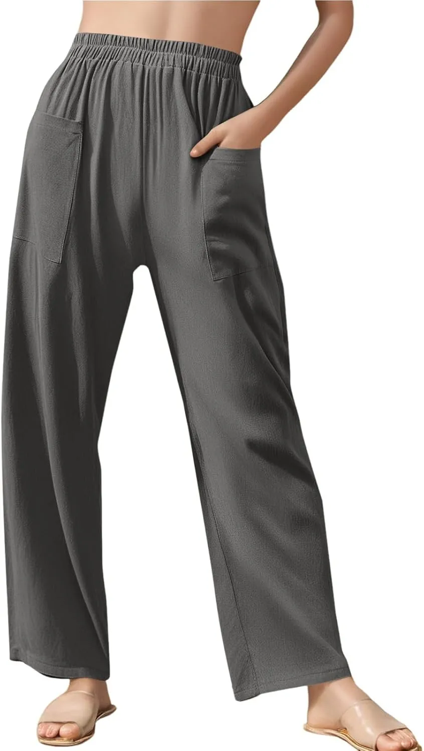 fanmpghleoo Wide Leg Linen Pants for Women Casual Elastic High Waisted Linen Pants Women Summer Linen Trousers with Pockets