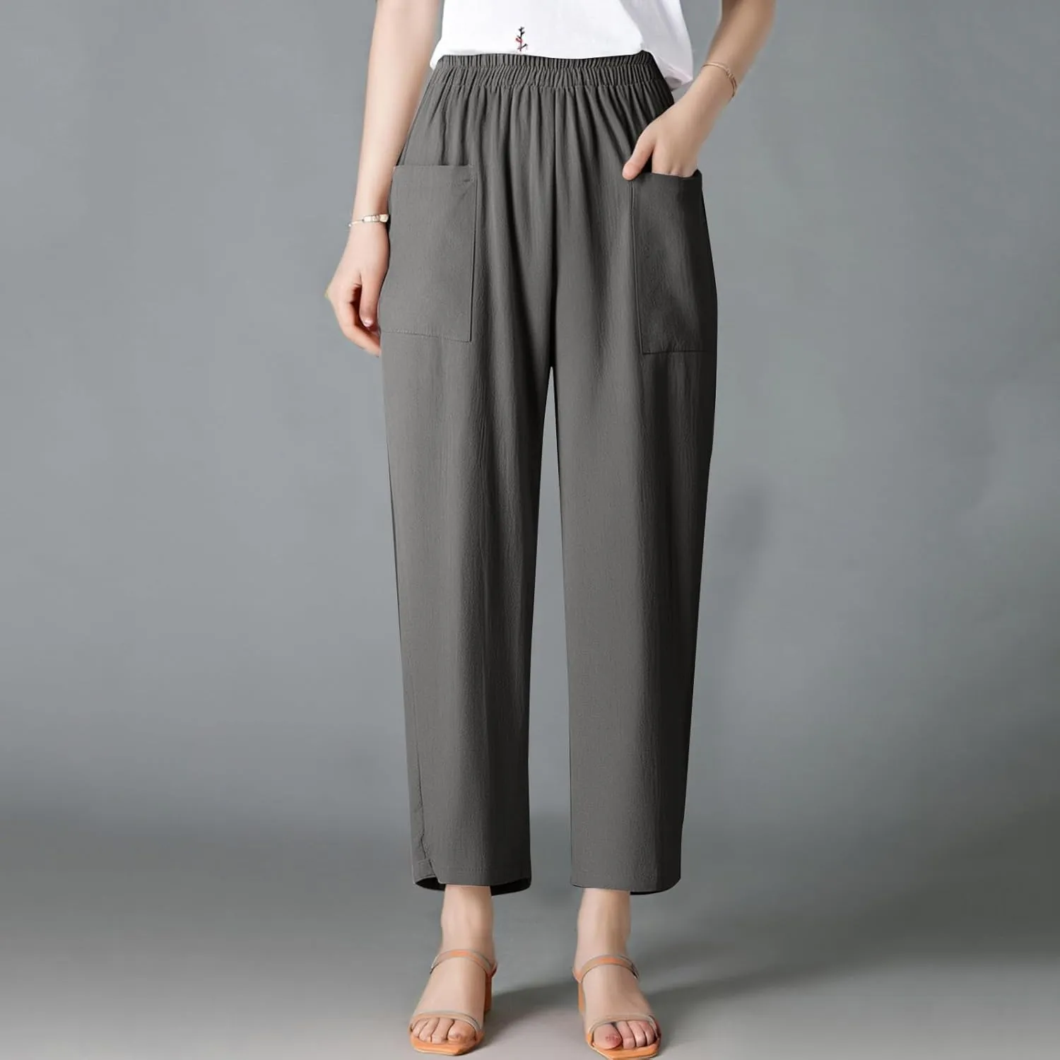 fanmpghleoo Wide Leg Linen Pants for Women Casual Elastic High Waisted Linen Pants Women Summer Linen Trousers with Pockets
