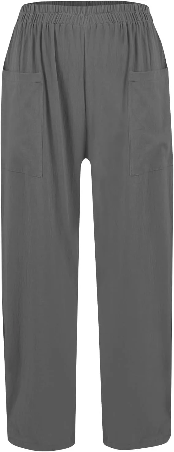 fanmpghleoo Wide Leg Linen Pants for Women Casual Elastic High Waisted Linen Pants Women Summer Linen Trousers with Pockets