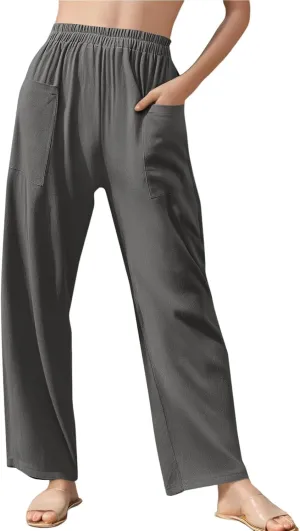 fanmpghleoo Wide Leg Linen Pants for Women Casual Elastic High Waisted Linen Pants Women Summer Linen Trousers with Pockets
