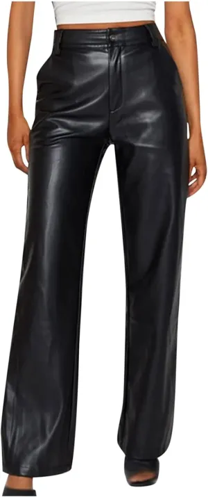 Faux Leather Pants for Women Wide Leg PU Pleather Pants High Waist Straight Long Pants Trendy Casual Baggy Trousers