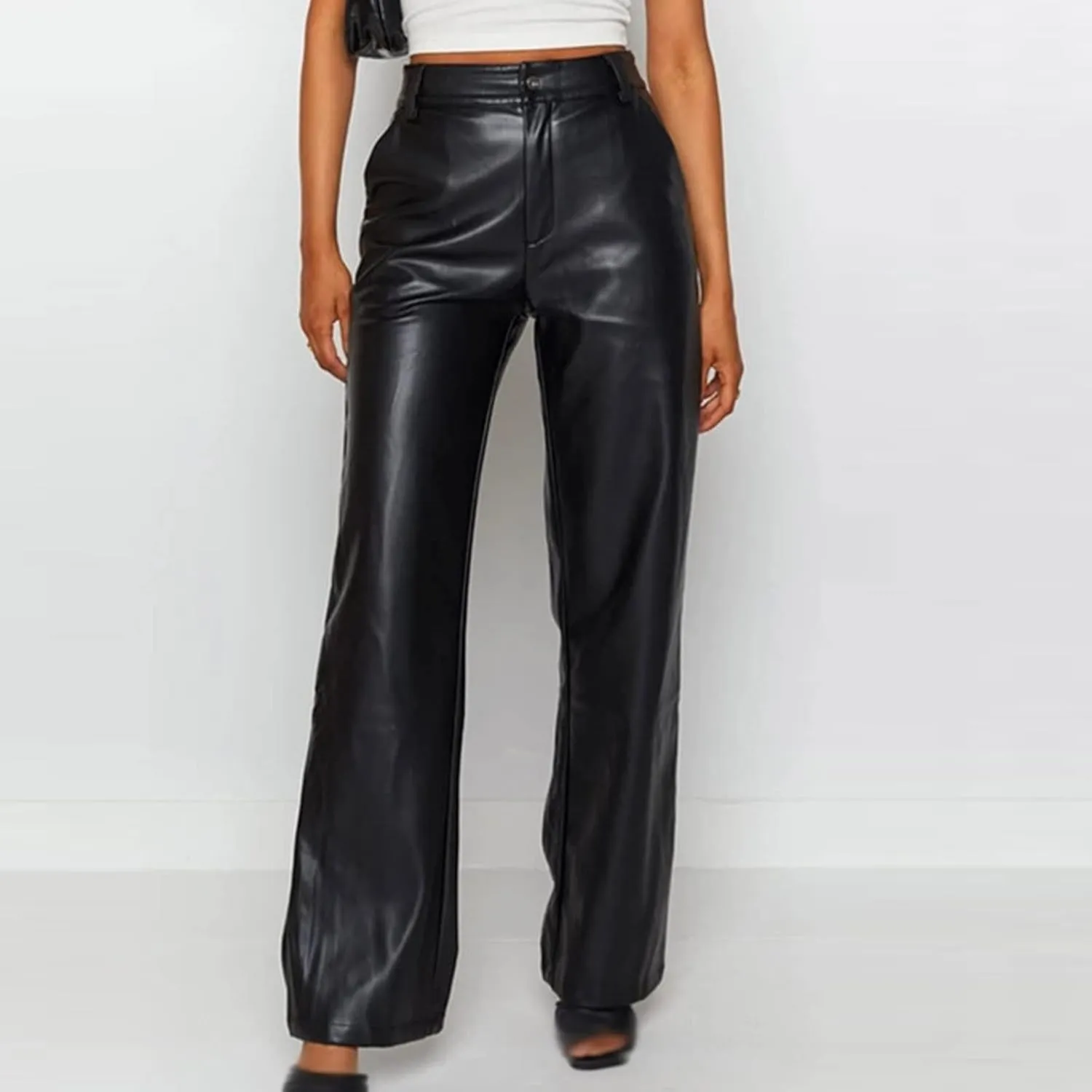 Faux Leather Pants for Women Wide Leg PU Pleather Pants High Waist Straight Long Pants Trendy Casual Baggy Trousers