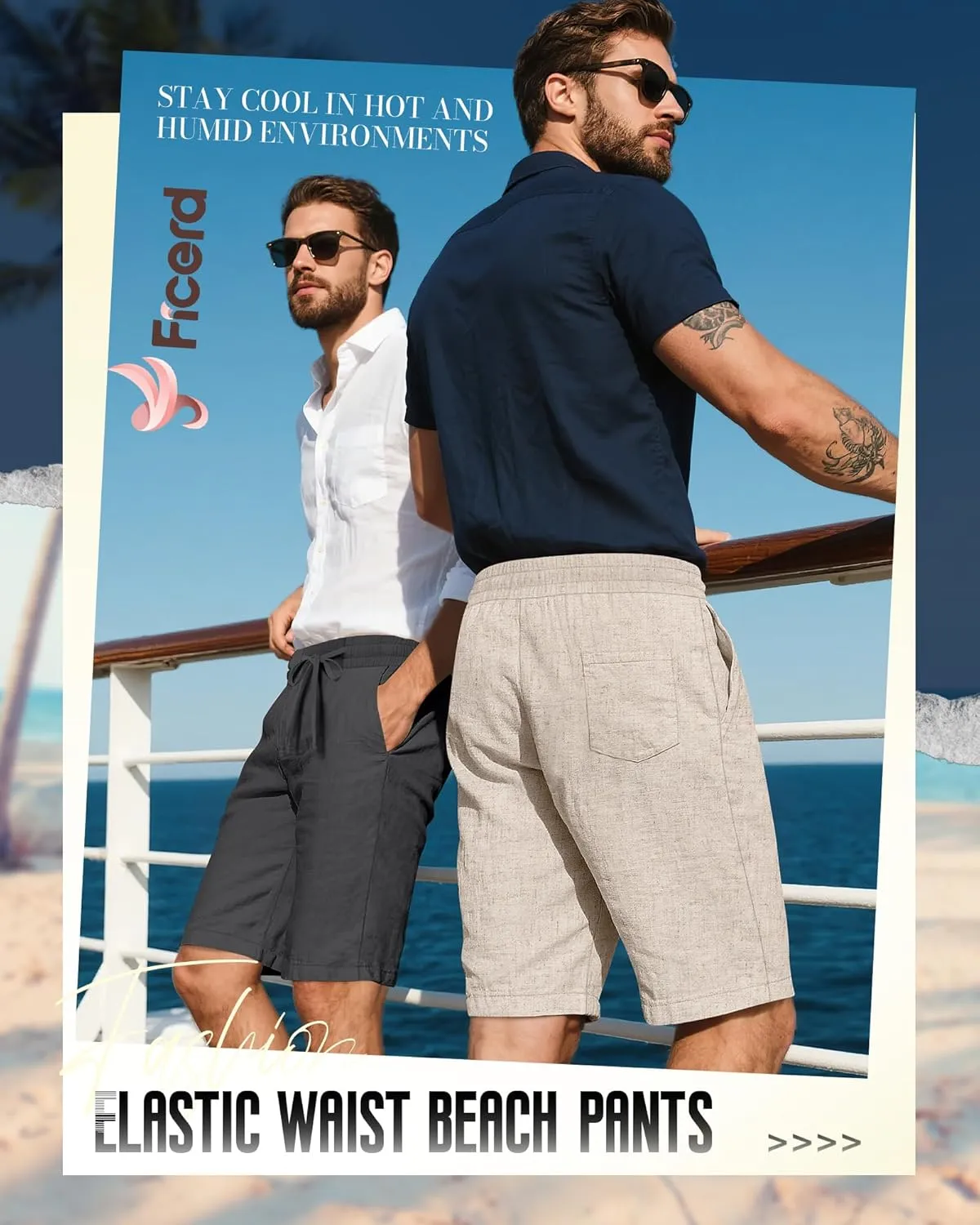 Ficerd 2 Pack Men's Cotton Linen Shorts, Elastic Waist Beach Pants with Drawstring Pockets Summer Casual Gym Vacation Shorts