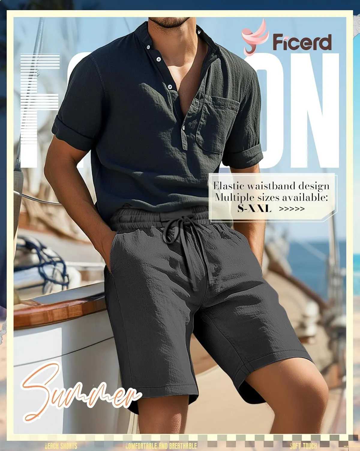 Ficerd 2 Pack Men's Cotton Linen Shorts, Elastic Waist Beach Pants with Drawstring Pockets Summer Casual Gym Vacation Shorts