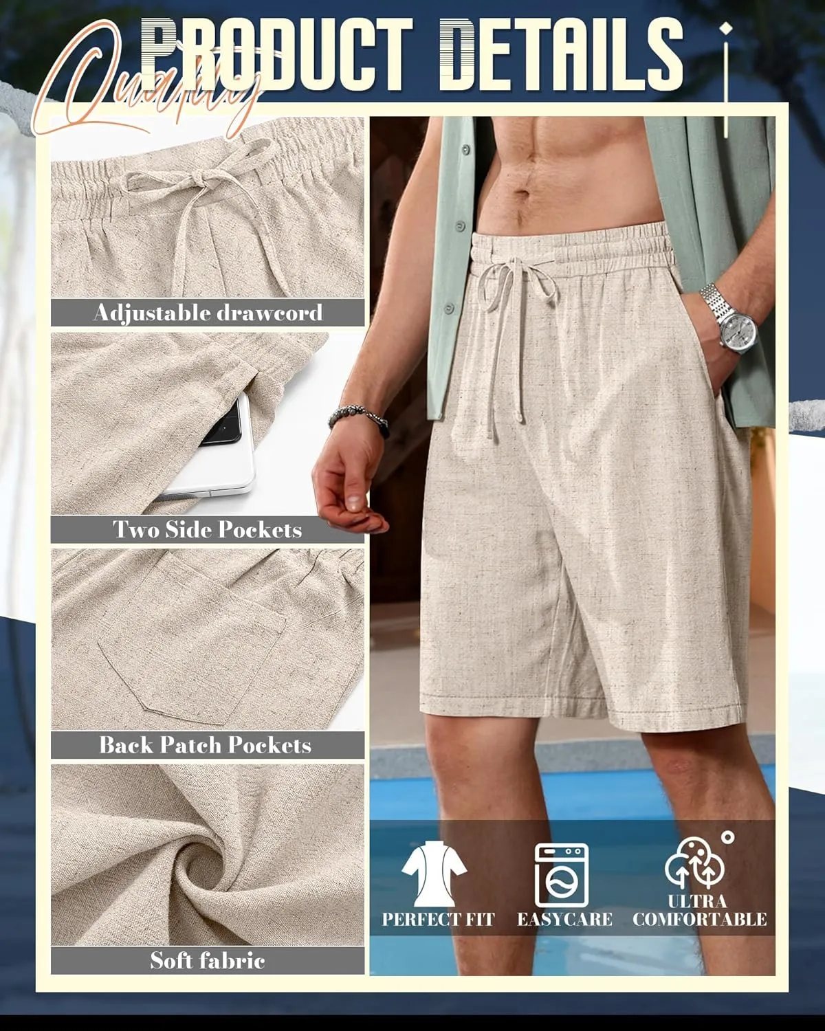 Ficerd 2 Pack Men's Cotton Linen Shorts, Elastic Waist Beach Pants with Drawstring Pockets Summer Casual Gym Vacation Shorts