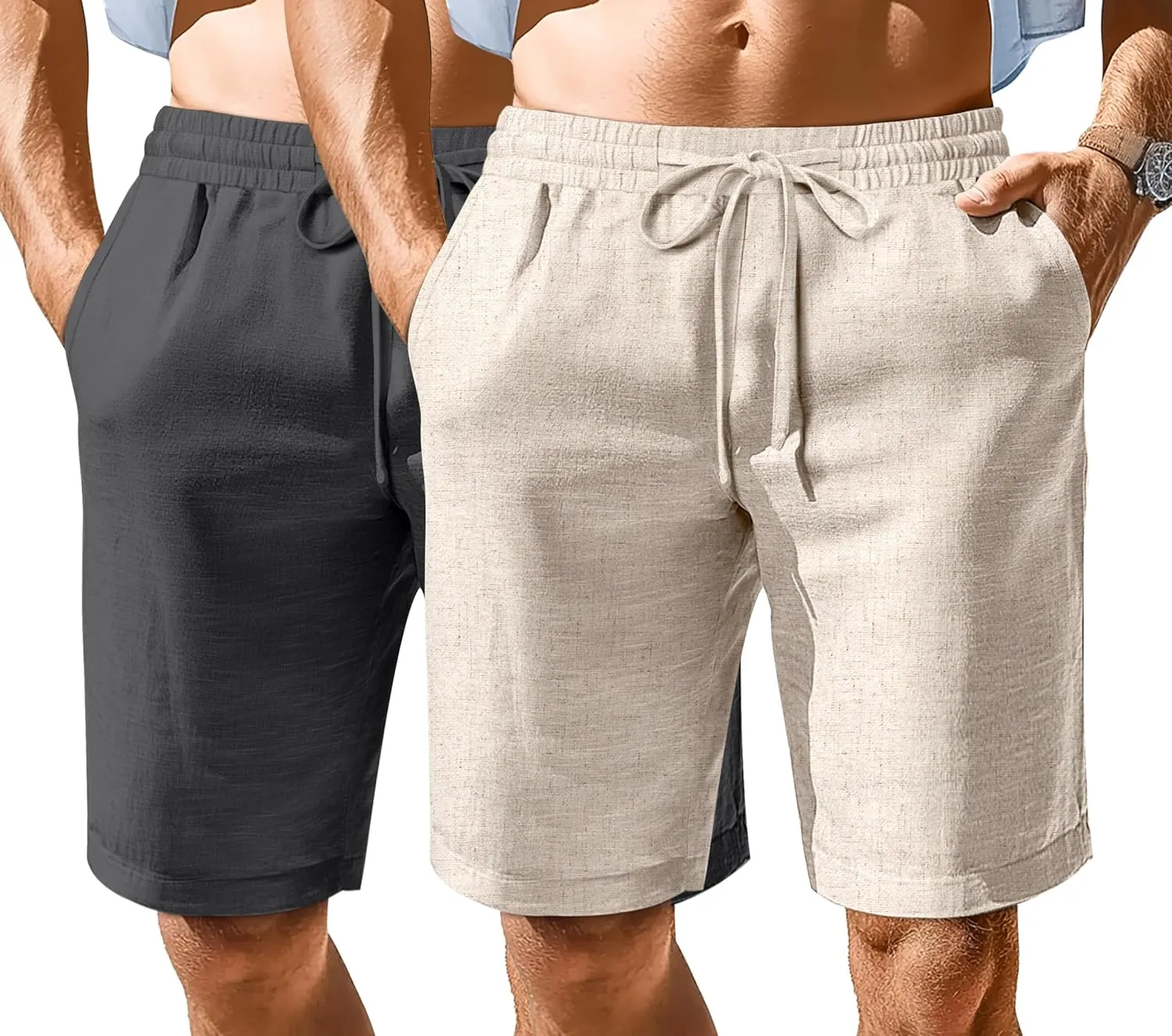 Ficerd 2 Pack Men's Cotton Linen Shorts, Elastic Waist Beach Pants with Drawstring Pockets Summer Casual Gym Vacation Shorts