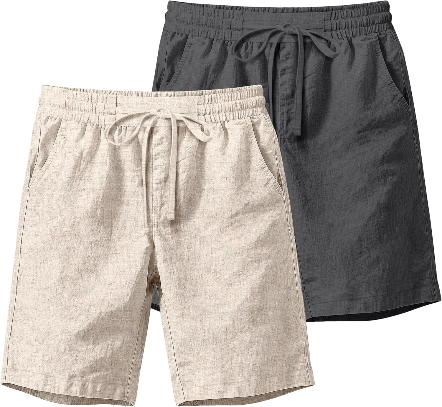 Ficerd 2 Pack Men's Cotton Linen Shorts, Elastic Waist Beach Pants with Drawstring Pockets Summer Casual Gym Vacation Shorts