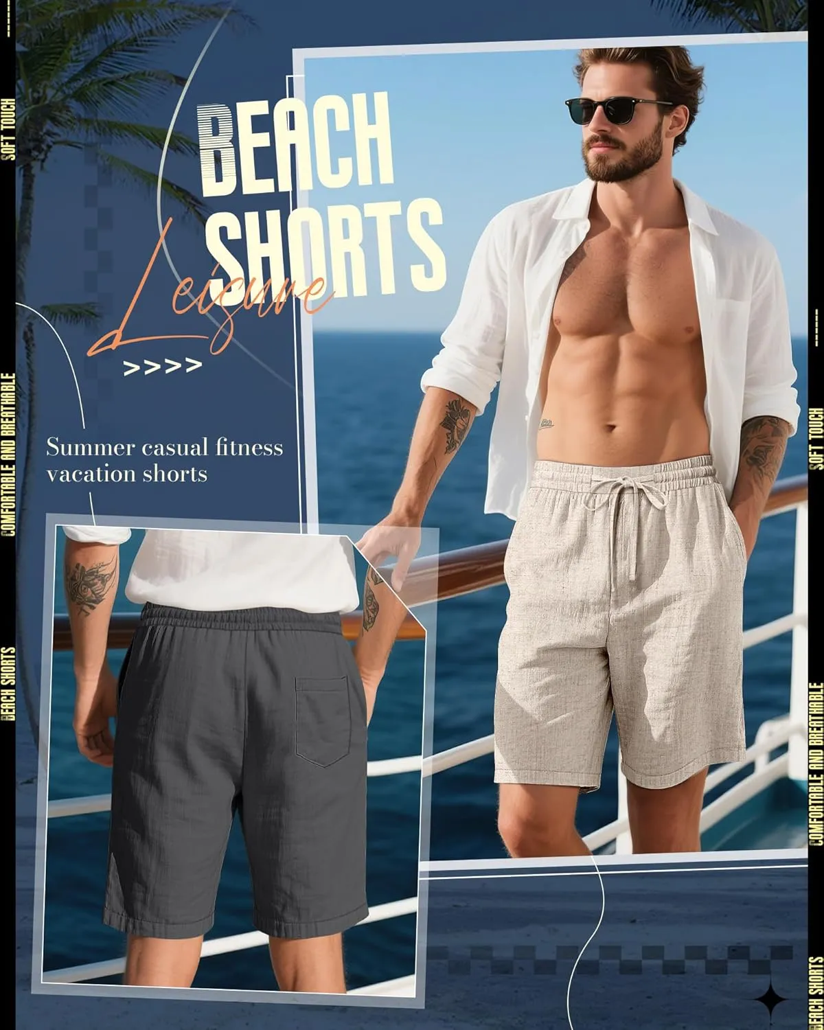 Ficerd 2 Pack Men's Cotton Linen Shorts, Elastic Waist Beach Pants with Drawstring Pockets Summer Casual Gym Vacation Shorts