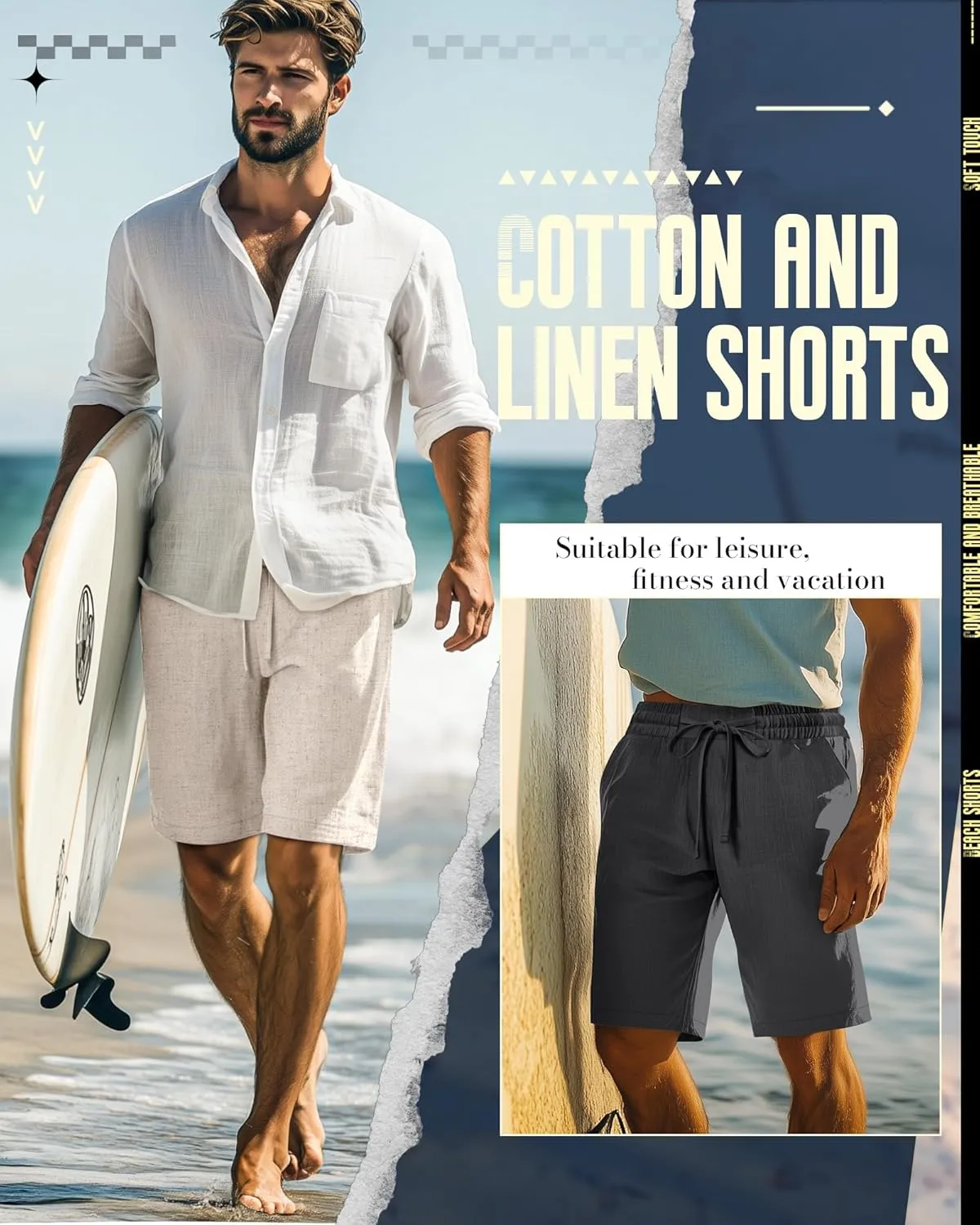 Ficerd 2 Pack Men's Cotton Linen Shorts, Elastic Waist Beach Pants with Drawstring Pockets Summer Casual Gym Vacation Shorts