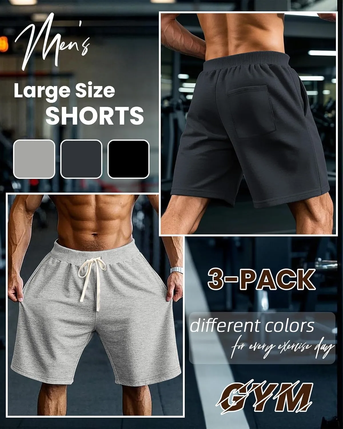Ficerd 3 Pack Big and Tall Men's Sweat Shorts 9'' Plus Size Bermuda Drawstring Elastic Waist Shorts with 3 Pocket