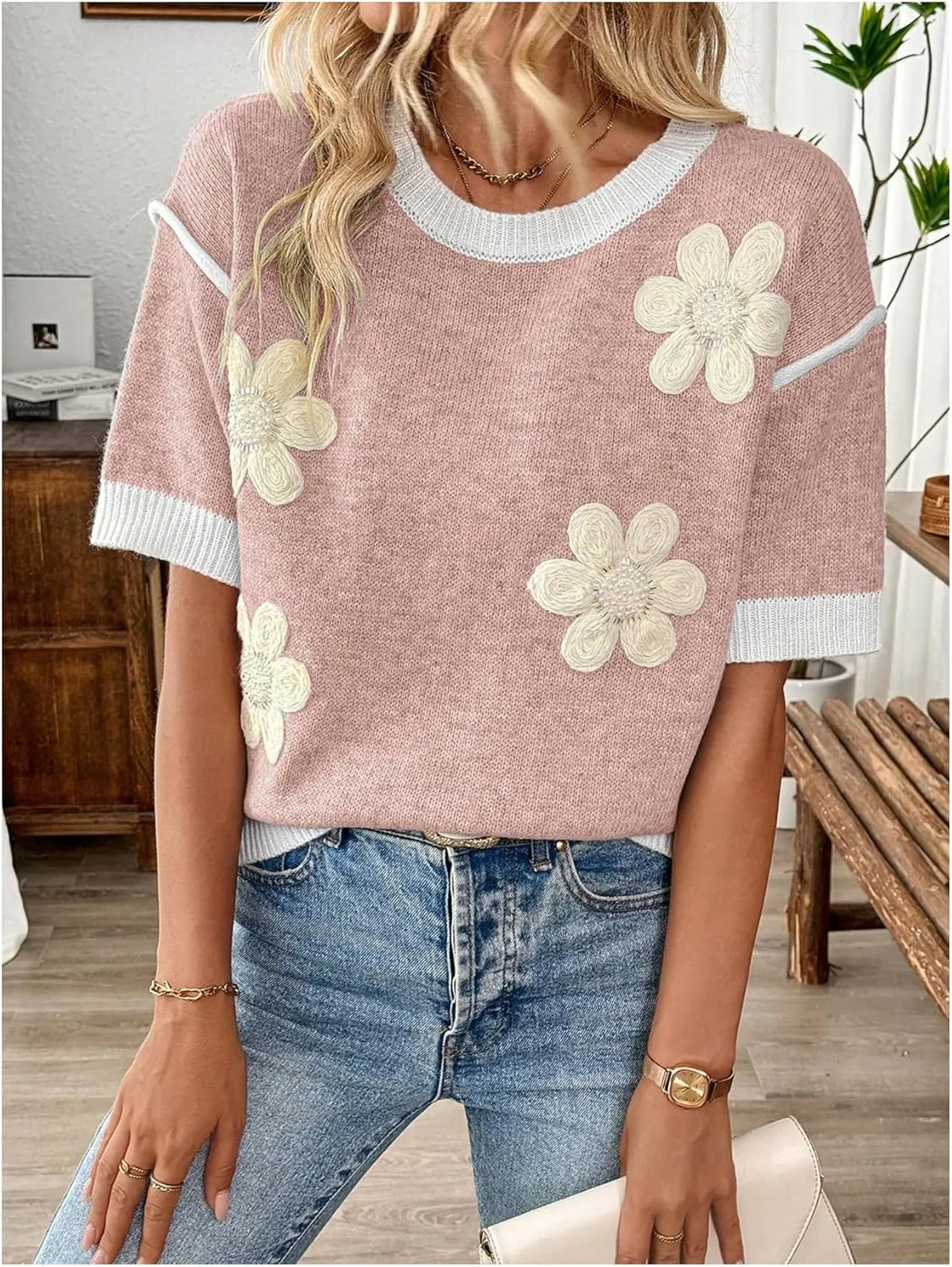 Floerns Women's Short Sleeve Crew Neck Flower Loose Knitted Sweaters Pullover Tops