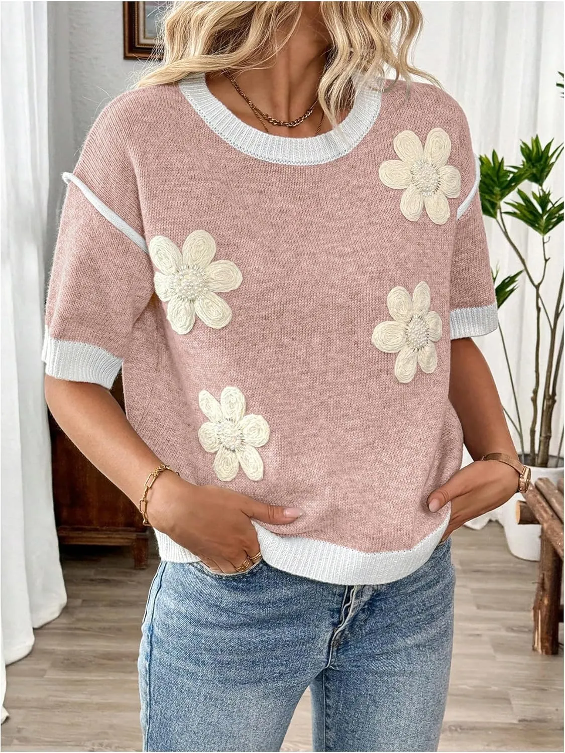 Floerns Women's Short Sleeve Crew Neck Flower Loose Knitted Sweaters Pullover Tops