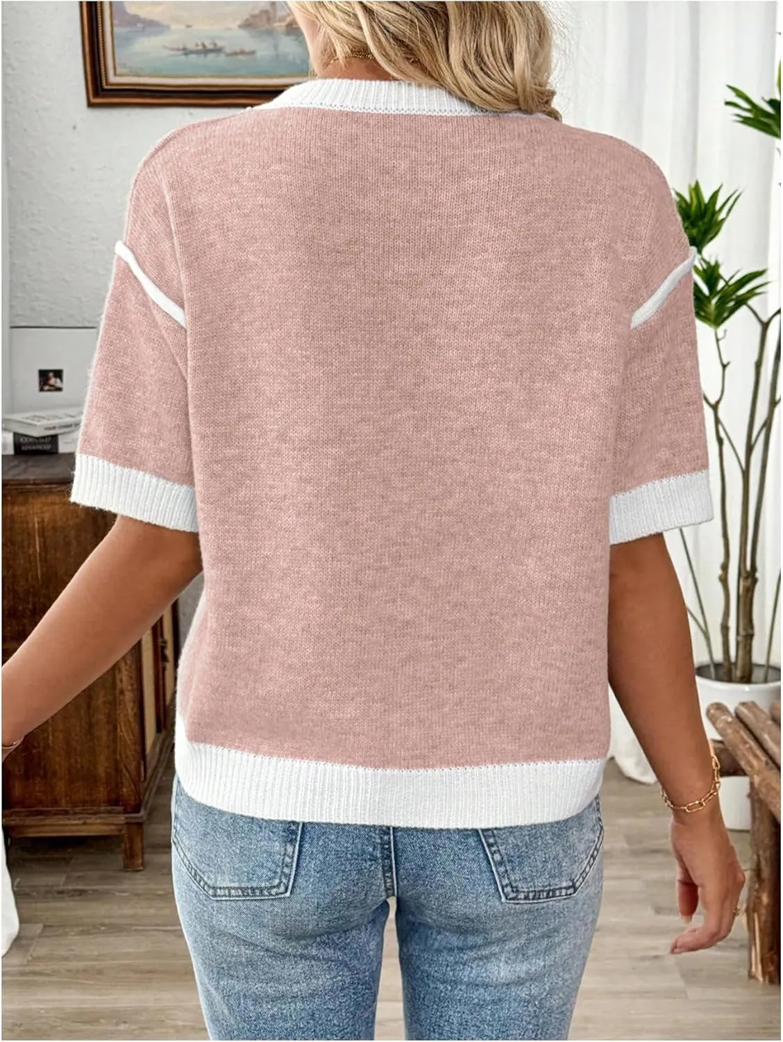 Floerns Women's Short Sleeve Crew Neck Flower Loose Knitted Sweaters Pullover Tops
