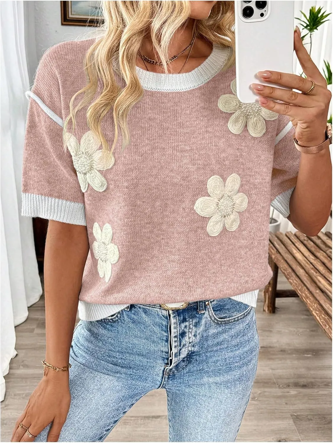 Floerns Women's Short Sleeve Crew Neck Flower Loose Knitted Sweaters Pullover Tops