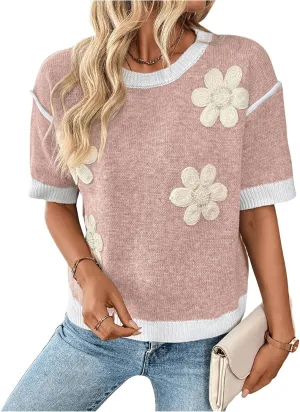 Floerns Women's Short Sleeve Crew Neck Flower Loose Knitted Sweaters Pullover Tops