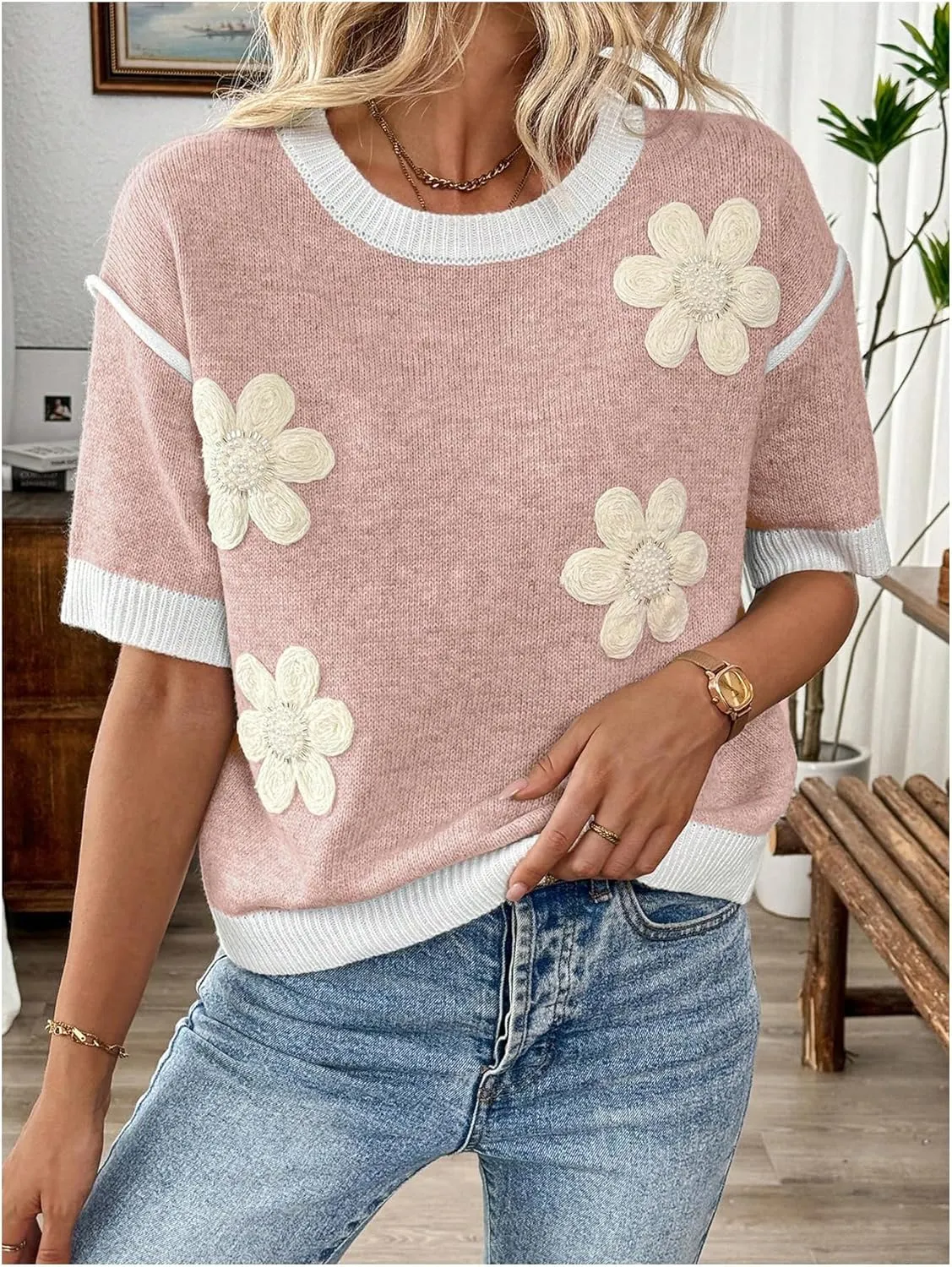 Floerns Women's Short Sleeve Crew Neck Flower Loose Knitted Sweaters Pullover Tops