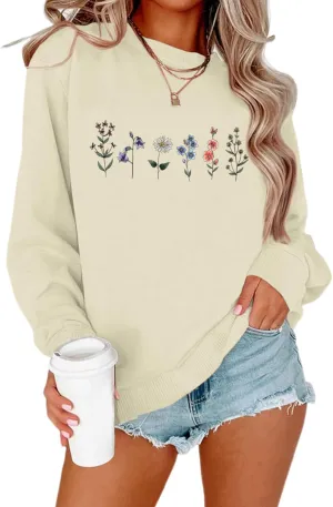 Flower Graphic Sweatshirt for Women Floral Printed Vintage Long Sleeves Shirt Crewneck Hoodie Loose Pullovers Tops