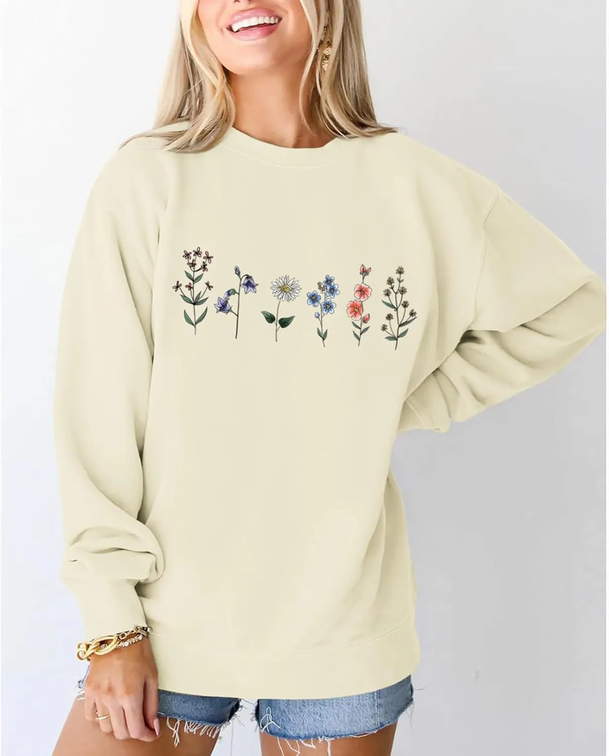 Flower Graphic Sweatshirt for Women Floral Printed Vintage Long Sleeves Shirt Crewneck Hoodie Loose Pullovers Tops