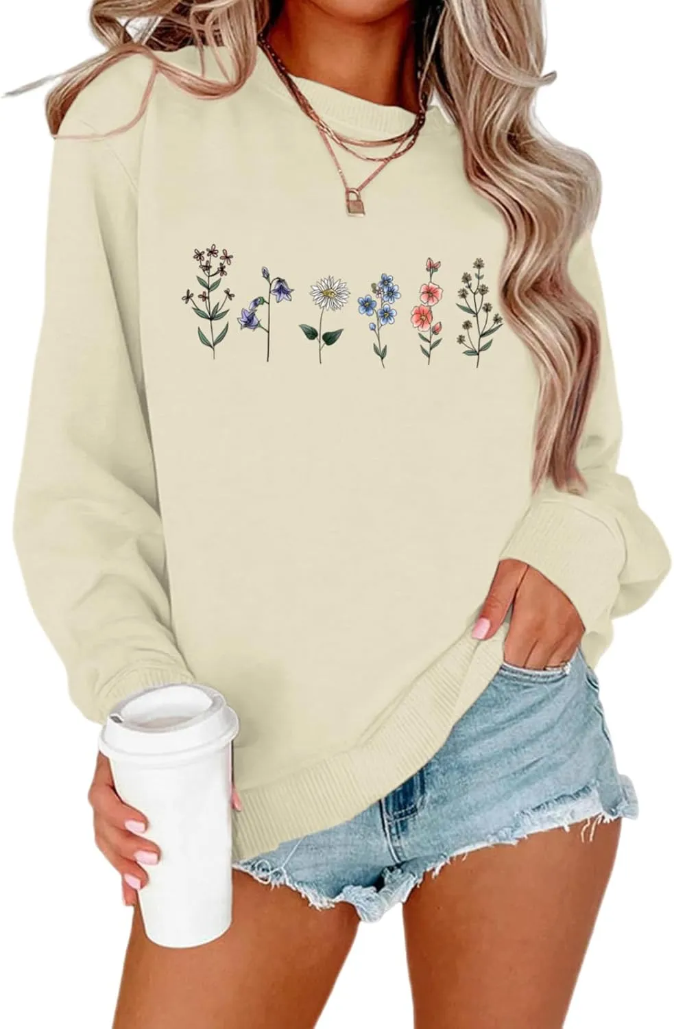 Flower Graphic Sweatshirt for Women Floral Printed Vintage Long Sleeves Shirt Crewneck Hoodie Loose Pullovers Tops